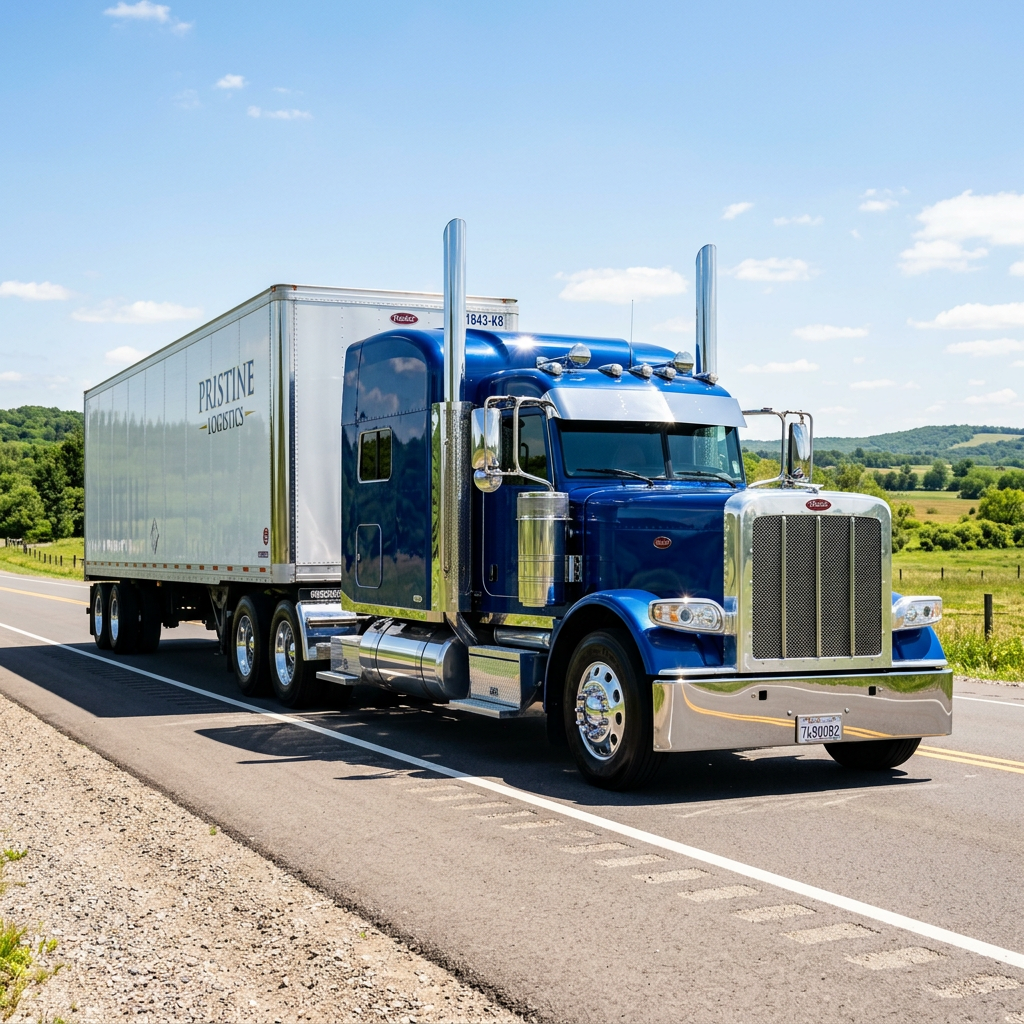 Blue semi truck with Pristine Logistics trailer parked on roadside