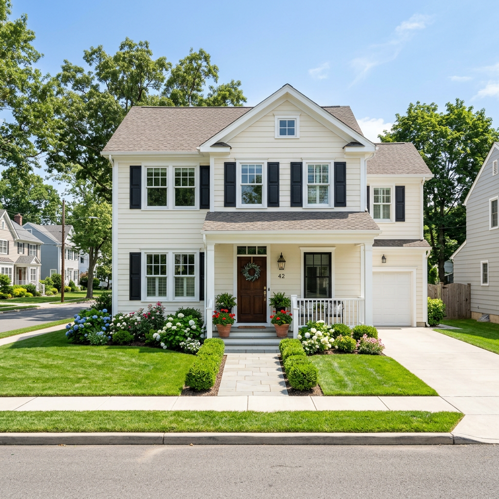 Two-story white house with black window shutters, a wooden front door, and a landscaped front yard with flowers